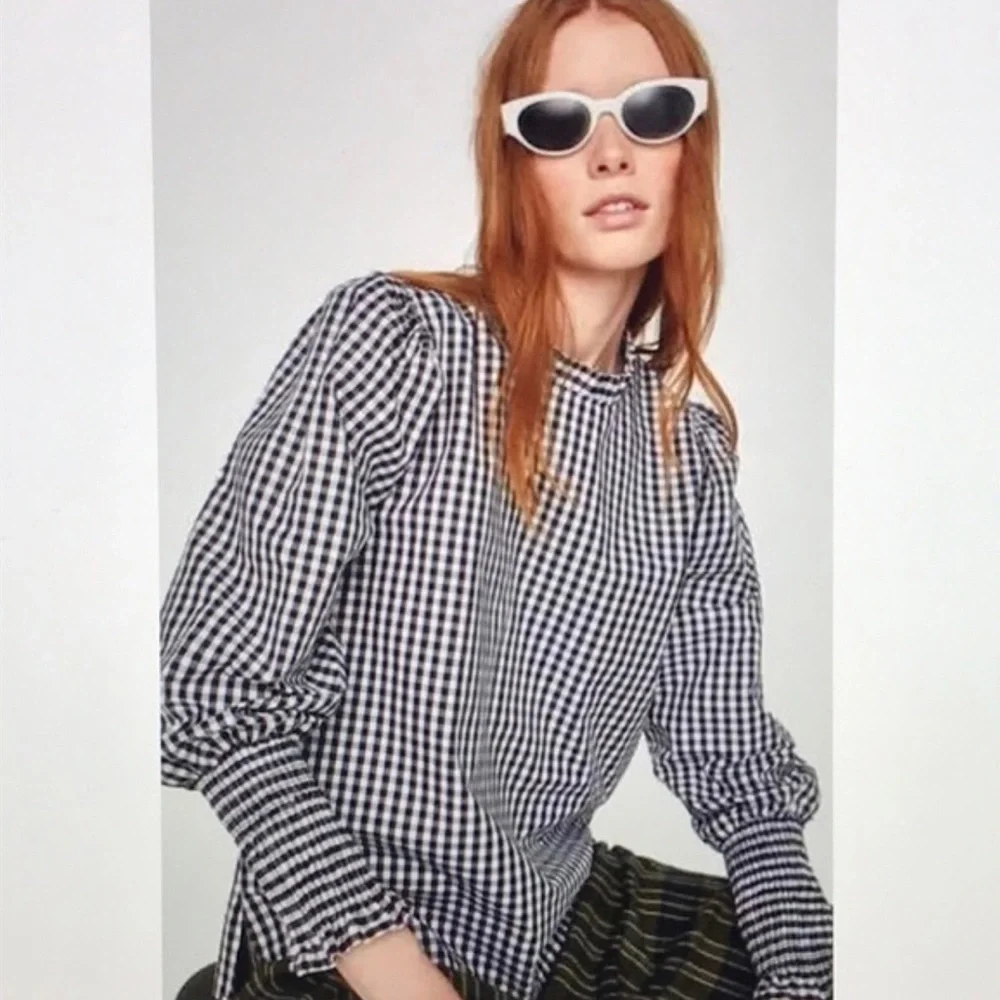 Zara Women’s Black and White Checkered Long Sleeves Blouse